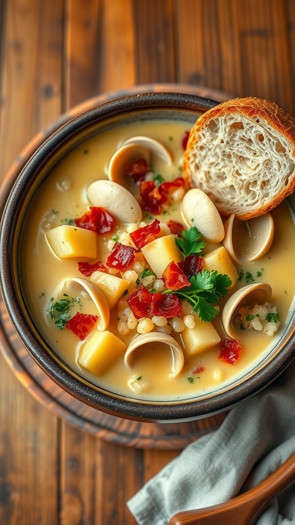 Delicious clam chowder with pearl couscous, garnished with bacon and parsley, served with bread.